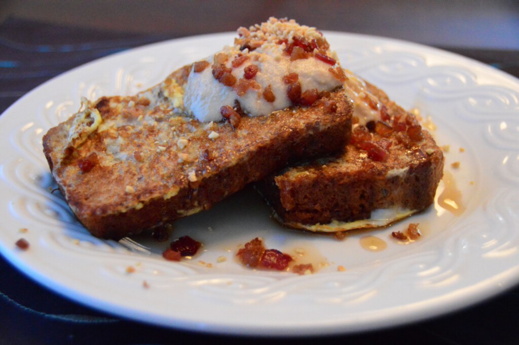 Banana Bread French Toast with Peanut Butter Cream and Bacon Bits
