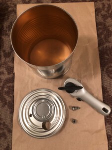 Overhead view of lid and top can in progress for DIY Tin Can Smoker