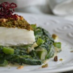 Creamed Spinach with Pistachio Matcha Crusted Halibut on top